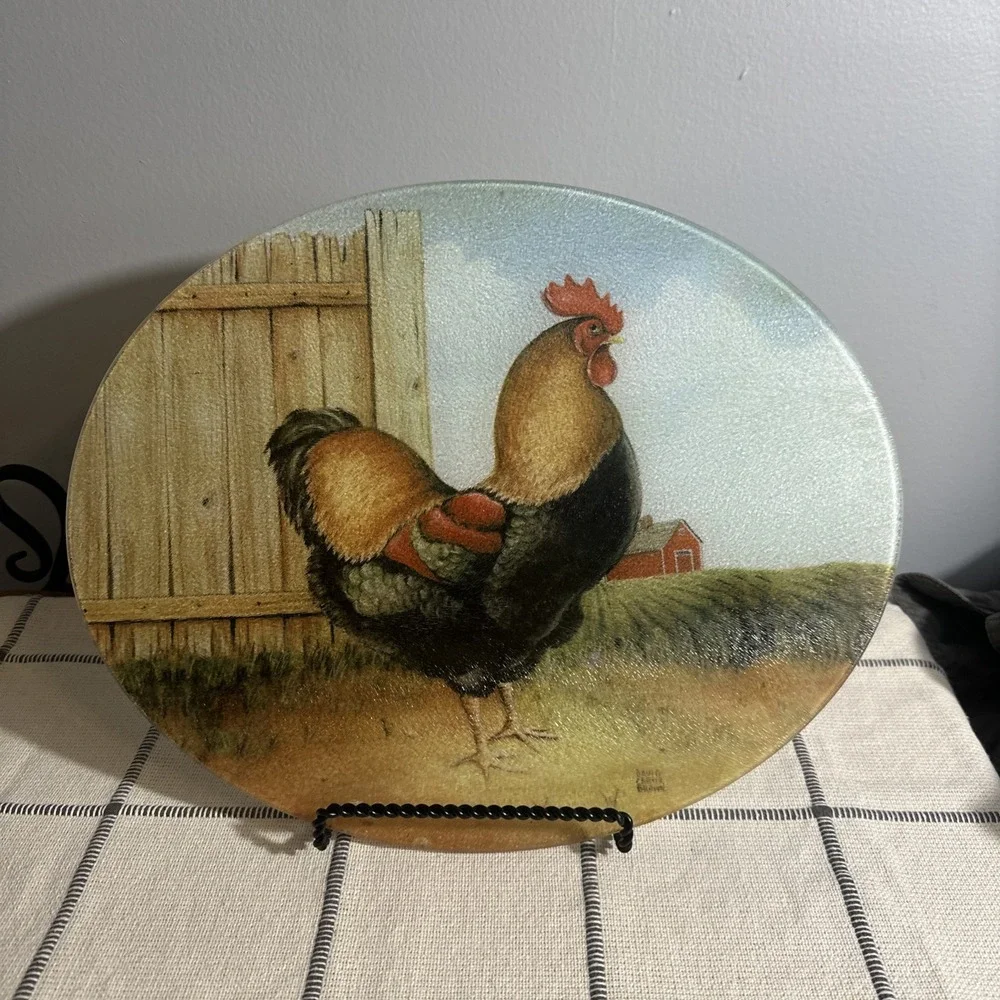 Vintage Tempered Glass Cutting Board Rustic Rooster‎ Design Oval Farmhouse